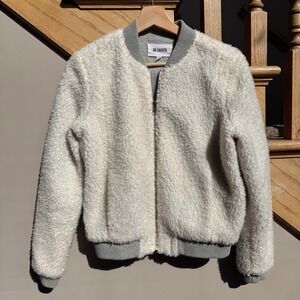 BB Dakota Womens Faux Fur Sherpa Bomber Varsity Jacket XS Cream Gray Zip Up Boho